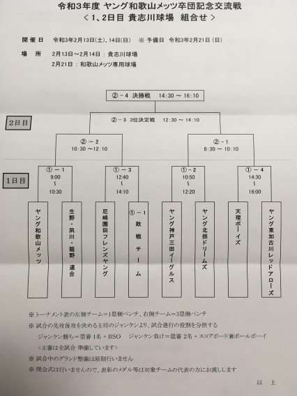 和歌山卒団記念交流戦、組合せ決定！！